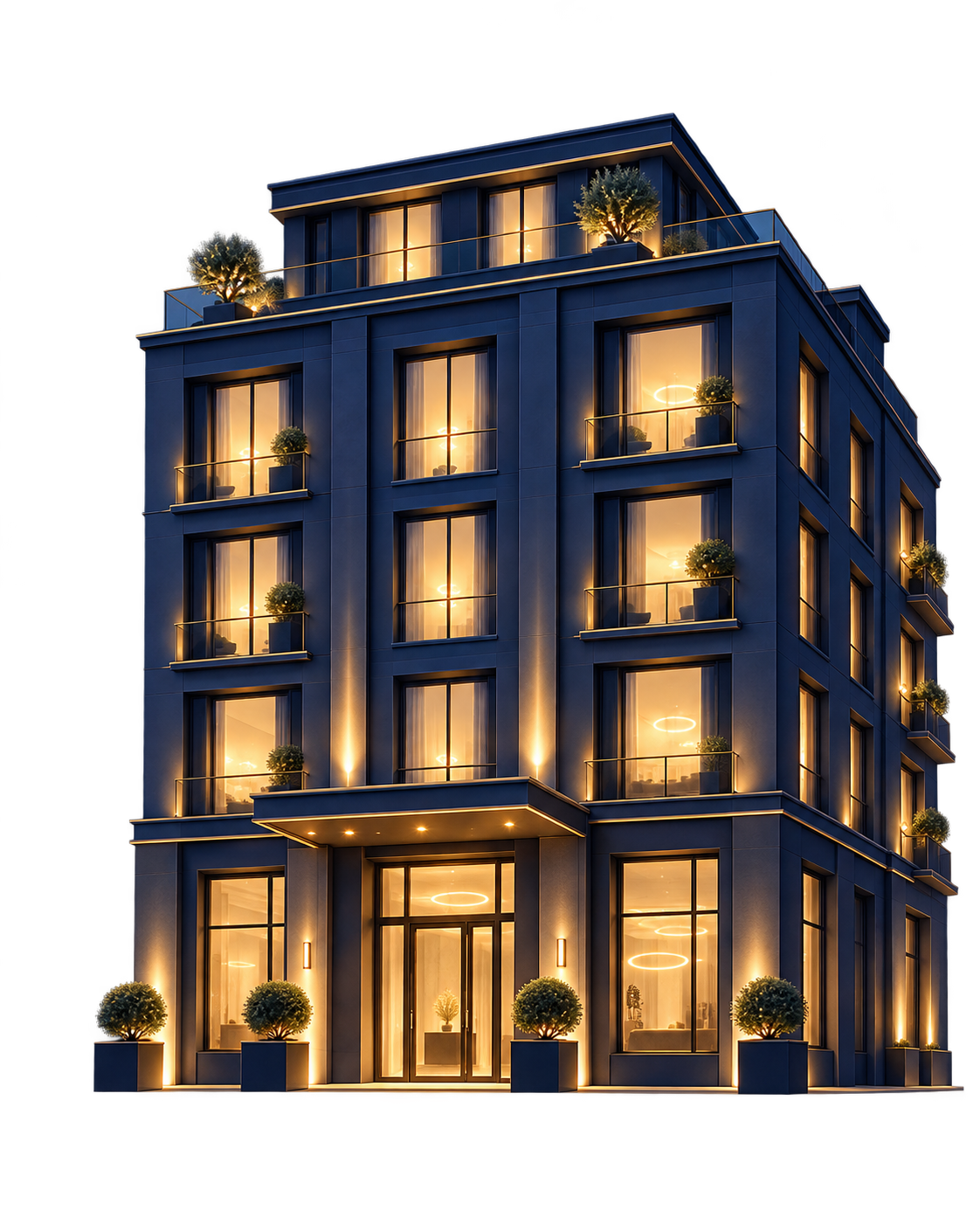 Illustration d’un petit boutique-hôtel contemporain éclairé, symbole du suivi des chambres.